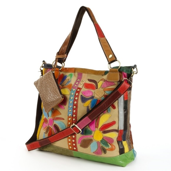 AmeriLeather Handbags - AmeriLeather Leather Canvas Patch Convertible Tote